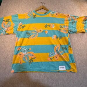 Vintage 90s Fast T Shirt Men XL Striped Floral Paisley Turquoise Yellow USA Made